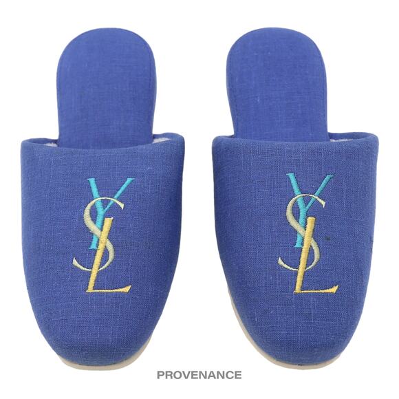 🔴 Yves Saint Laurent YSL Logo Slipper - Blue Canvas - Picture 1 of 6